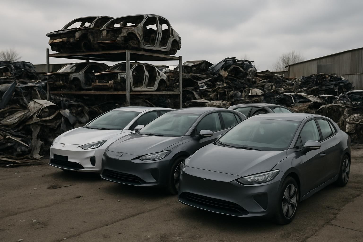 Elektrische auto's bij een sloperij, met ontmantelde onderdelen op de achtergrond