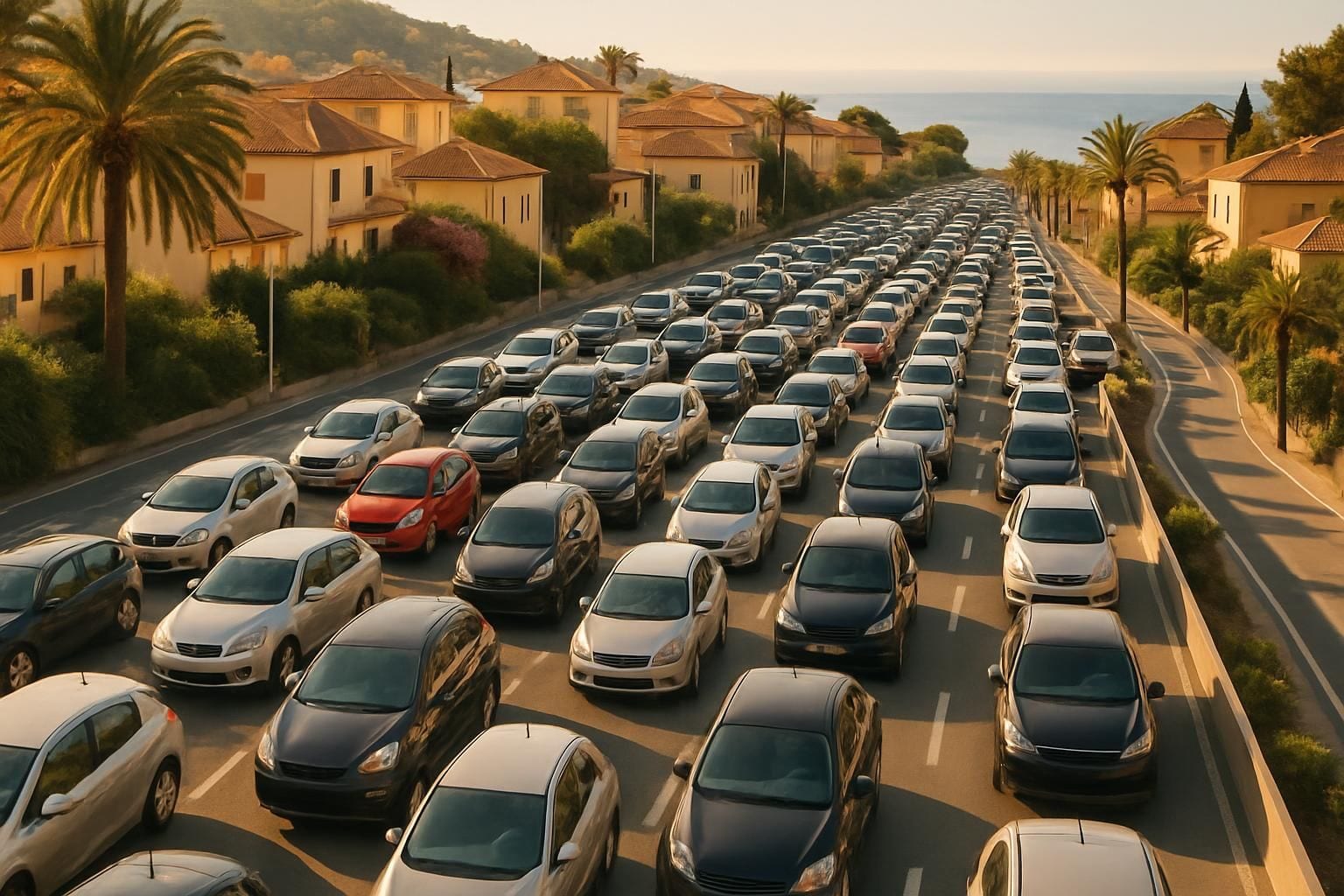 Luchtfoto van een volle, vastgelopen weg met auto's tijdens de spits in een Mediterrane kuststad