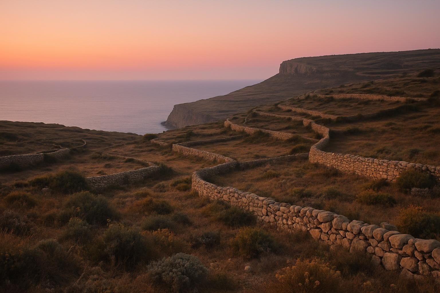 Een afgelegen landelijk gebied op Gozo bij zonsopgang