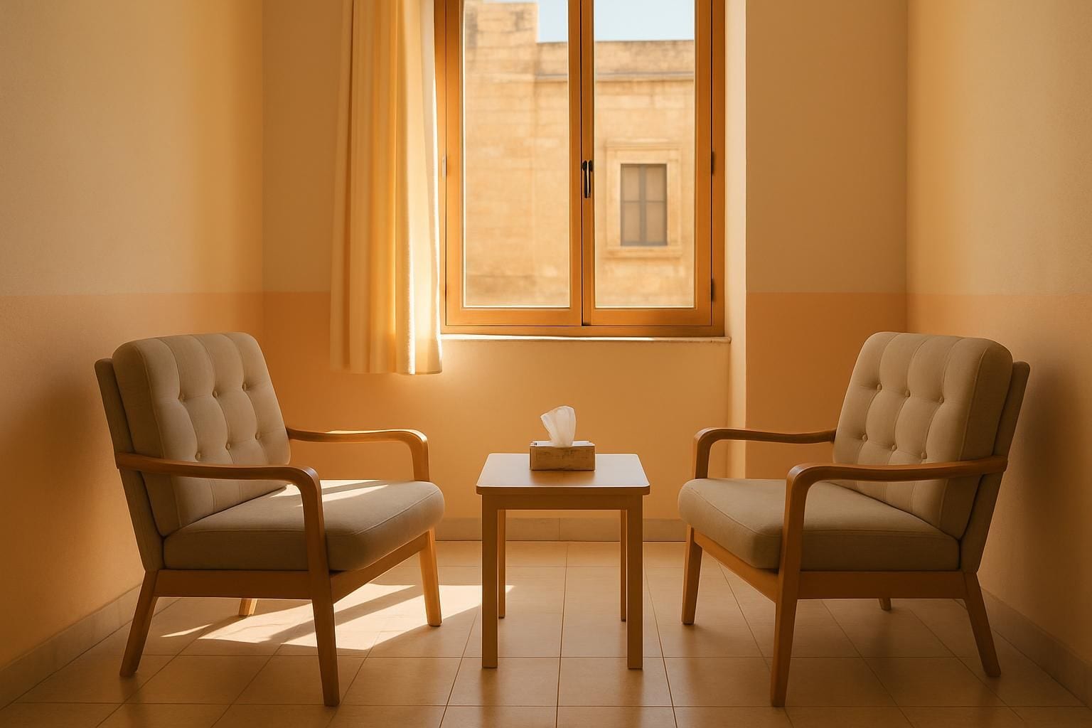 Een rustige, lege gesprekskamer op een Maltese school